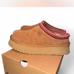 UGG Chestnut Suede Slip-Ons with Red Accents